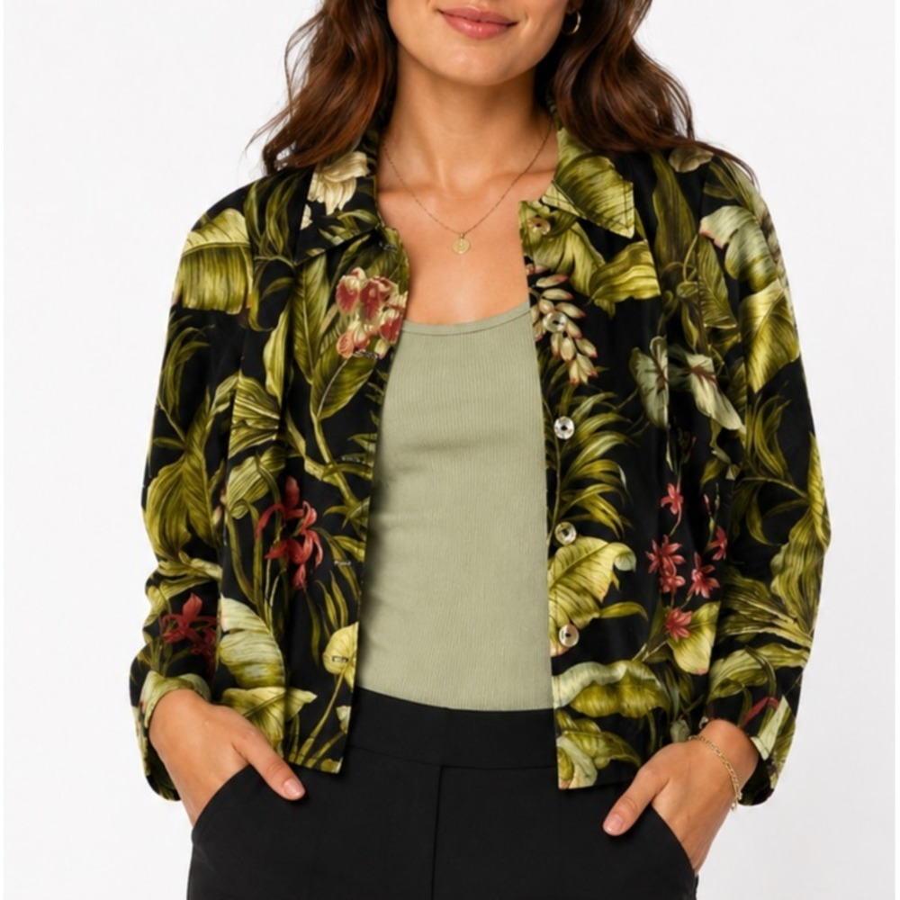 Vintage Norm Thompson Tropical Floral Jacket Size Petite Medium Botanical USA